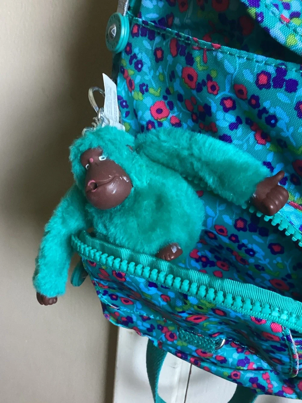 Kipling Teal Floral Kids Backpack with Monkey Keychain